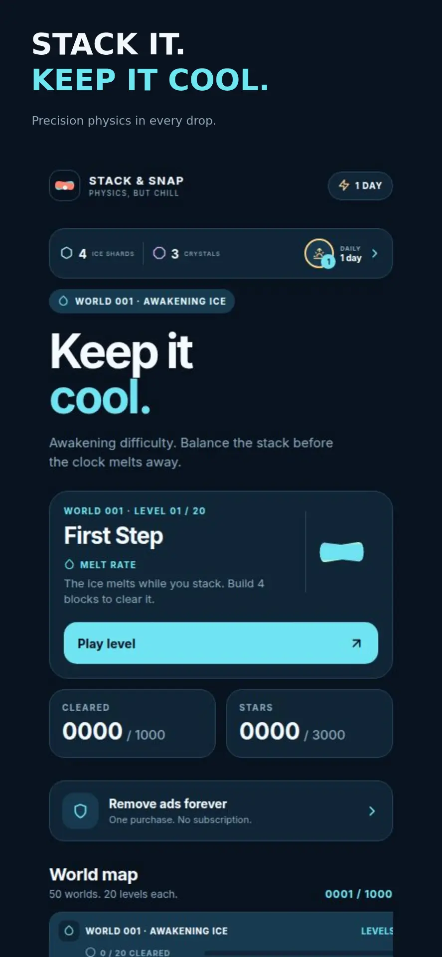 Stack & Snap home screen showing world 001, Awakening Ice